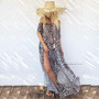 Summer Boho Women Off Shoulder Dress Bohemian Loose Split Long Dress Vintage Print Beach Dress