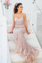 Elegant Straps Mermaid Pink Long Prom Dress with Appliques