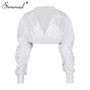 Simenual V Neck Ruched White Puff Sleeve Blouse Shirts Women Long Sleeve
