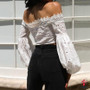 women lace Tops slash neck backless shirt off the shoulder t-shirt solid long flare sleeve Ruffle Crop Tops chiffon blusas