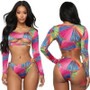 High Cut Swimsuit Two Piece Bathing Suit Women African Print Long Sleeves Swimwear Cut Out Beach Tribal Thong Bikini