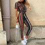 Women Elegant Letter Print Jumpsuit 2020 Summer Deep V Neck Button Shirt Overalls Short Sleeve Office Lady One Piece Romper Belt