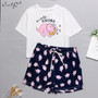 Womens Homewear Cute Cartoon Printed Pajamas Set Casual Short Sleeve T-Shirt Sleepwear Nightwear Set Summer Pyjama For Women Set