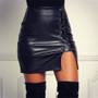 Women's Vintage PU Leather Bodycon Mini Skirt w/ Lace-Up Side Split Design