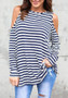 White-Blue Striped Cut Out Off Shoulder Long Sleeve Casual T-Shirt