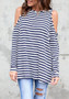 White-Blue Striped Cut Out Off Shoulder Long Sleeve Casual T-Shirt