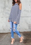 White-Blue Striped Cut Out Off Shoulder Long Sleeve Casual T-Shirt