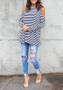 White-Blue Striped Cut Out Off Shoulder Long Sleeve Casual T-Shirt