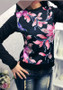 Black Flowers Print Round Neck Long Sleeve Casual T-Shirt