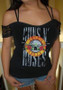 Black Guns N' Roses Print Spaghetti Strap Off Shoulder Rock And Roll Casual T-Shirt