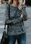 Blue Patchwork Sequin Round Neck Long Sleeve T-Shirt