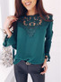 Green Lace Patchwork Round Neck Long Sleeve Fashion T-Shirt