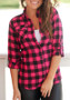 Red Plaid Turndown Collar Single Breasted Long Sleeve Pockets Casual Blouse