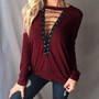 Red Drawstring V-neck Long Sleeve Casual Cotton Blend T-Shirt