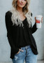 Black Plain Buttons V-neck Long Sleeve Casual T-Shirt