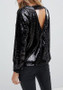 Black Sequin Backless Cut Out Round Neck Long SleeveT-Shirt