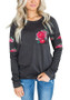 Black Floral Print Round Neck Long Sleeve Casual T-Shirt