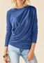 Blue Irregular Ruffle Round Neck Long Sleeve Casual T-Shirt