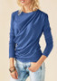Blue Irregular Ruffle Round Neck Long Sleeve Casual T-Shirt