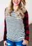 White-Black Striped Plaid Print Long Sleeve Round Neck Casual T-Shirt