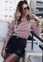 Red Striped Ruffle Round Neck Long Sleeve Fashion T-Shirt