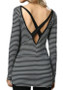 Black-White Striped Print Cross Back Backless Long Sleeve Casual T-Shirt