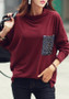 Burgundy Patchwork Sequin Pocket Band Collar Long Sleeve Casual T-shirt