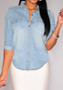 Light Blue Single Breasted Turndown Collar Long Sleeve Vintage Blouse