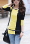 Yellow Patchwork Belt Buttons Round Neck Casual T-Shirt