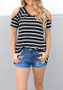 Black-White Striped Print Cut Out Short Sleeve Casual T-Shirt