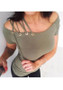 Army Green Hollow-out Asymmetric Shoulder Off-Shoulder Slim Fashion T-Shirt