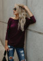 Purple-Red Plain Irregular Round Neck Long Sleeve Casual T-Shirt