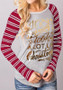 Red-White Striped Patchwork Monogram Print Long Sleeve Round Neck Christmas T-Shirt