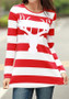Red-White Striped Deer Print Long Sleeve Round Neck Casual Christmas T-Shirt