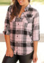 Pink Plaid Turndown Collar Single Breasted Long Sleeve Pockets Casual Blouse