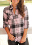 Pink Plaid Turndown Collar Single Breasted Long Sleeve Pockets Casual Blouse