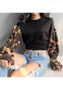 Black Patchwork Ruffle Camouflage Print Fashion Crop Pullover Sweatshirt