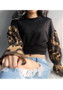 Black Patchwork Ruffle Camouflage Print Fashion Crop Pullover Sweatshirt