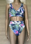 Blue Floral Print Deep V-neck Three-piece Bohemian Beach Bikini Swimwear