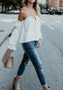 White Ruffle Drawstring Off Shoulder Long Sleeve Chiffon Blouse