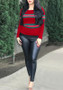 Burgundy Striped Print Round Neck Long Sleeve Casual T-Shirt