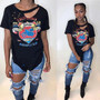 Black Monogram Print Cut Out Short Sleeve Round Neck Ripped Destroyed Casual T-Shirt