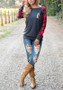 Red-Black Plaid Patchwork Sequin Pockets Long Sleeve Casual T-Shirt