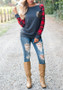 Red-Black Plaid Patchwork Sequin Pockets Long Sleeve Casual T-Shirt