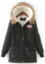 Black Patchwork Drawstring Faux Fur Pocket Parka Hooded Long Sleeve Coat