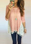 Pink Patchwork Lace Tassel Round Neck Long Sleeve Fashion T-Shirt
