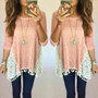 Pink Patchwork Lace Tassel Round Neck Long Sleeve Fashion T-Shirt