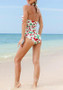 White Cherry Print Pleated Halter Neck Backless Beach Bikini Cute Swimwear