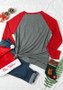 Grey Patchwork Monogram Print Long Sleeve Round Neck Casual Christmas T-Shirt