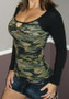 Camouflage Cut Out Round Neck Long Sleeve Bodycon T-Shirt